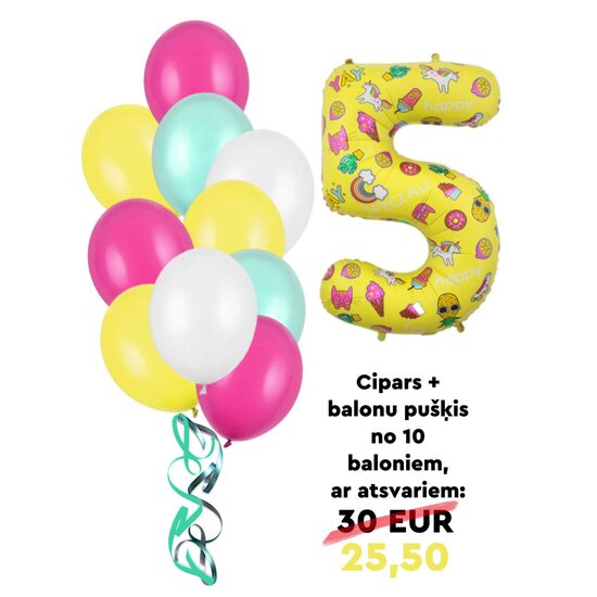 N-100 Hēlija balonu kompozīcija cipars + balonu pušķis no 10 baloniem